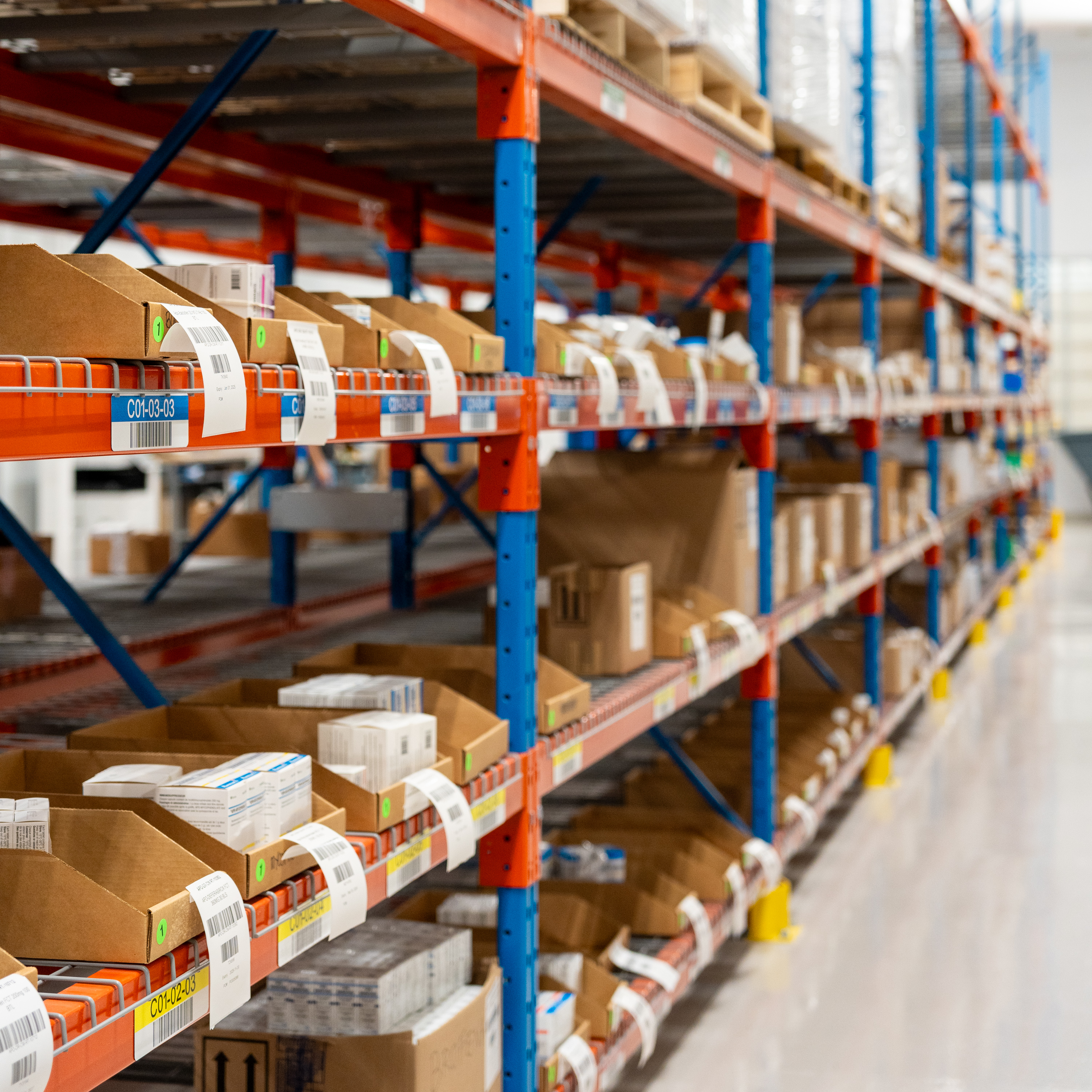 Warehouse shelves stocked with items