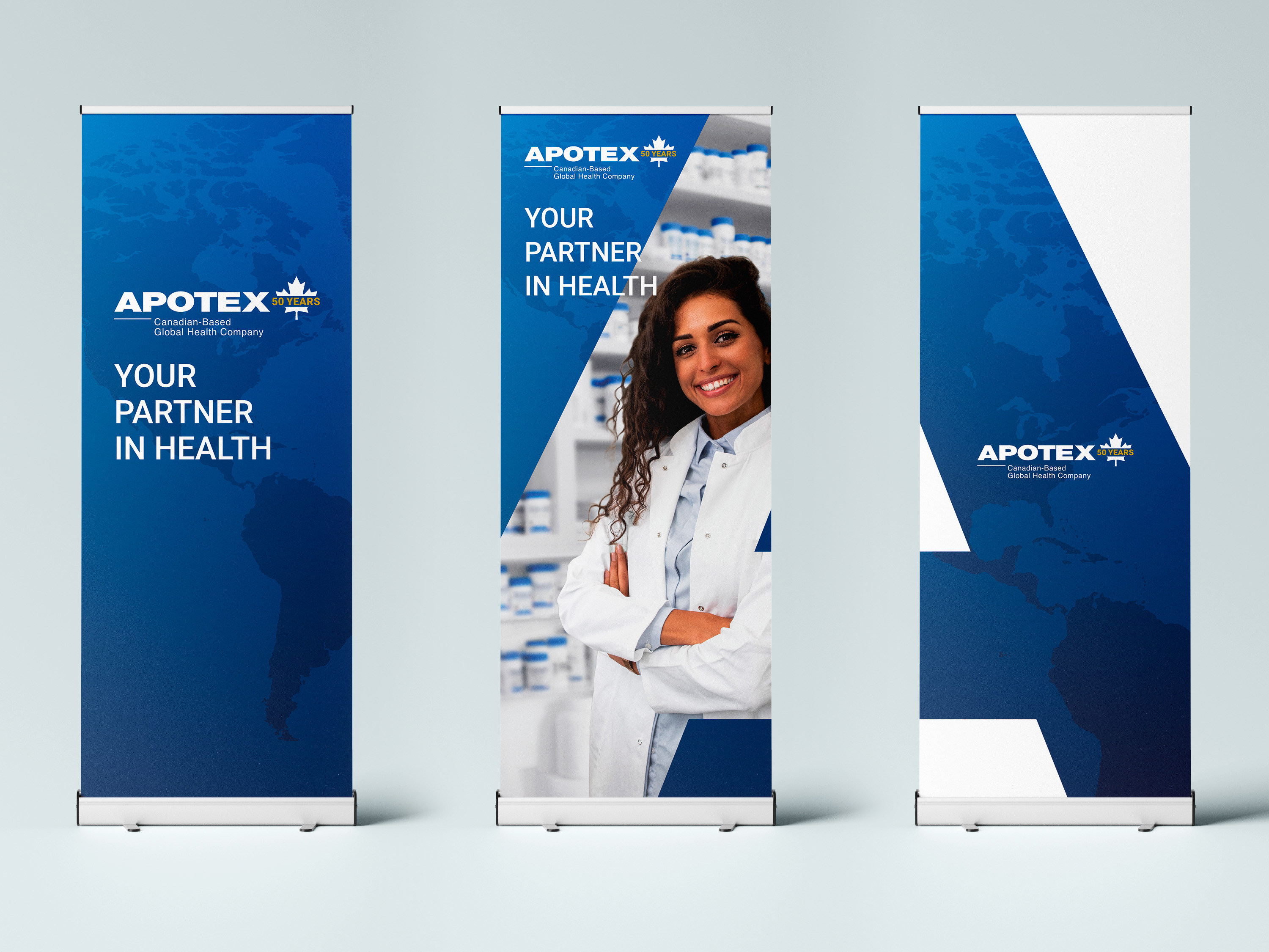 Three banners presenting Apotex, your partner in health.