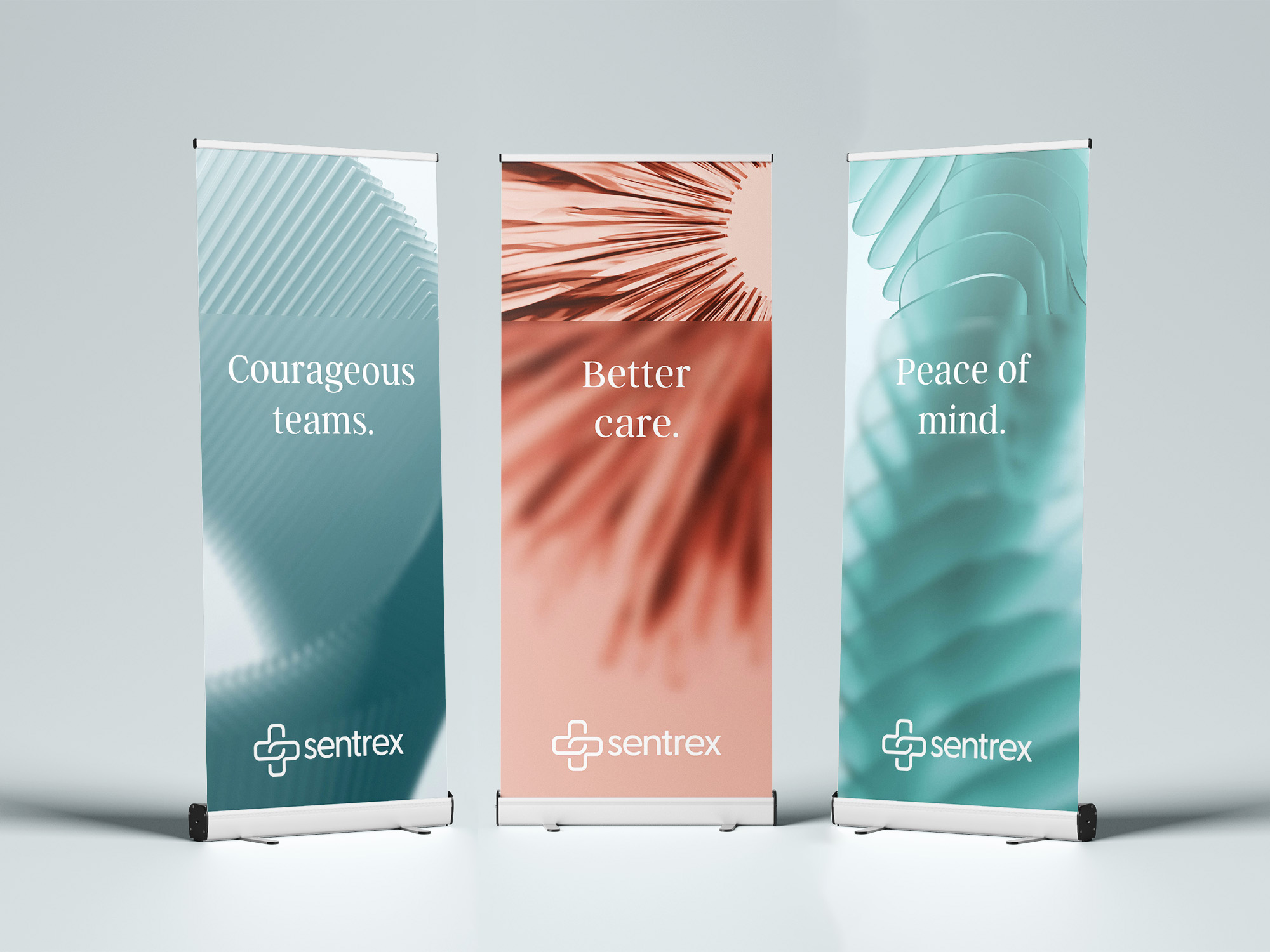 Three Sentrex banners where you can read "Courageous teams", "Better care.", and "Peace of mind."