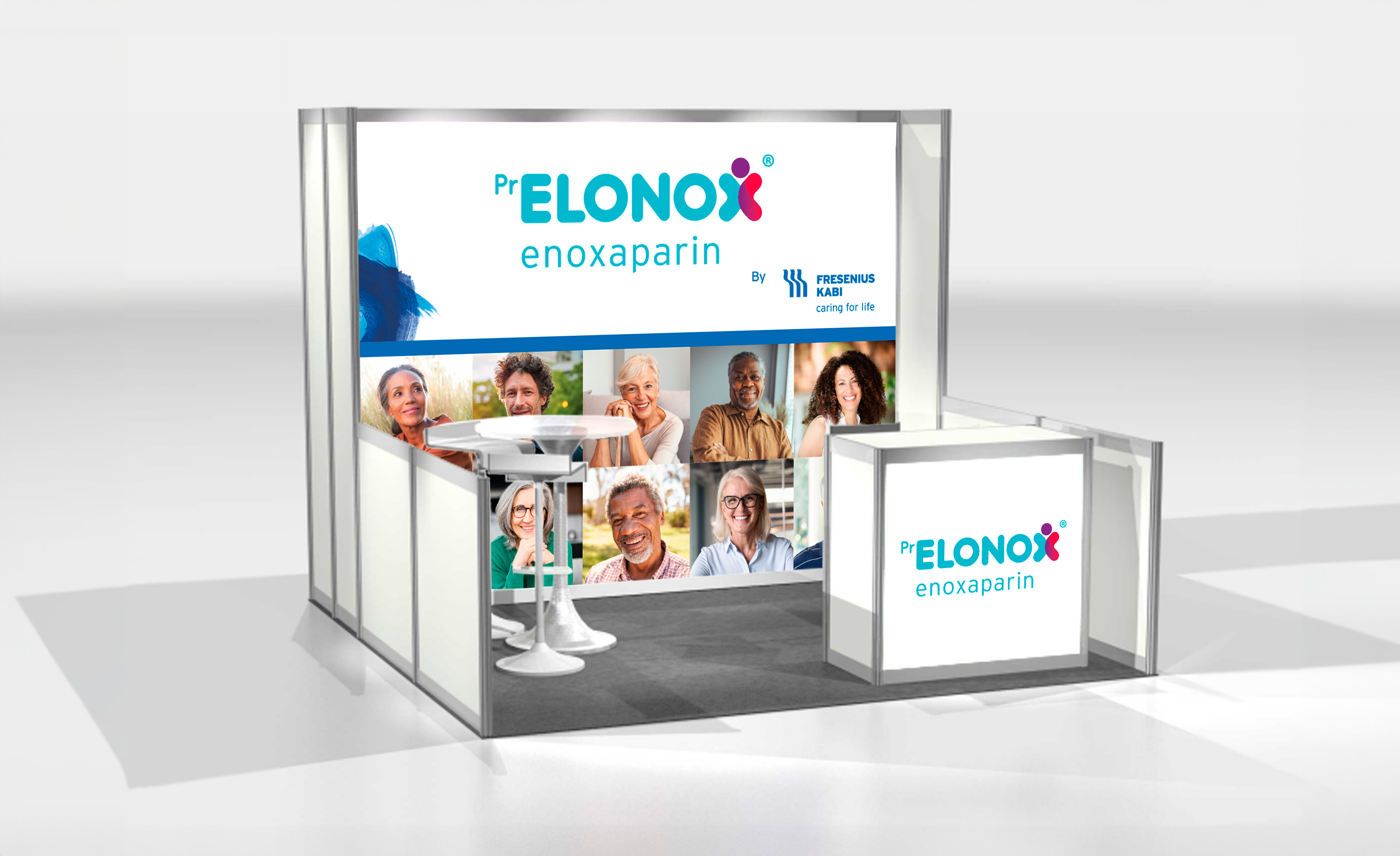 Mock up of a Elonox booth. On the left, a small table and on the right, a small counter with Elonox's logo on the front. The back of the booth is a mural with Elonox's logo and photos of people.